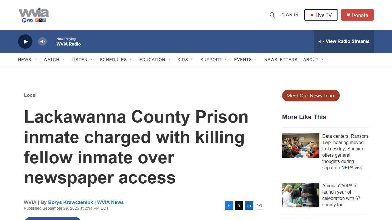 Lackawanna County Prison inmate charged with killing fellow inmate over newspaper access